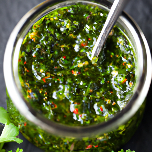 Fresh homemade chimichurri sauce with vibrant green herbs