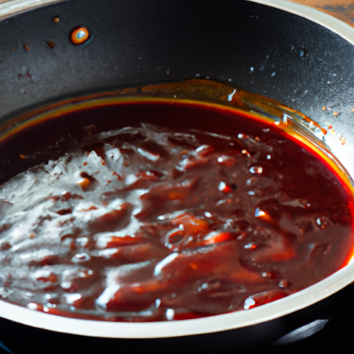 Rich and velvety red wine reduction sauce simmering in a skillet